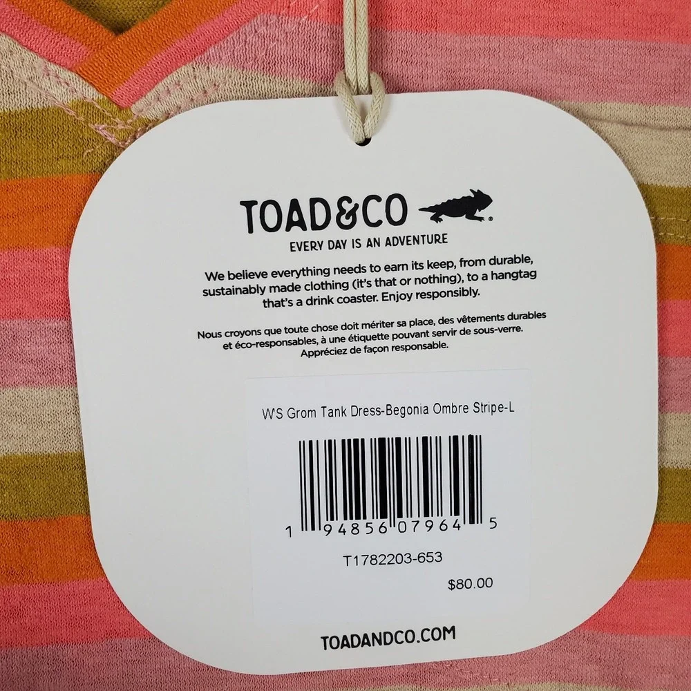 Toad & Co Grom Tank Dress Womens Large Orange Cotton Striped Logo Pockets V Neck - Picture 7 of 9